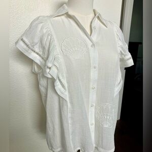 NEW CALYPSO ST BARTH Resort Linen Cropped e White Top Shirt Button Down Small